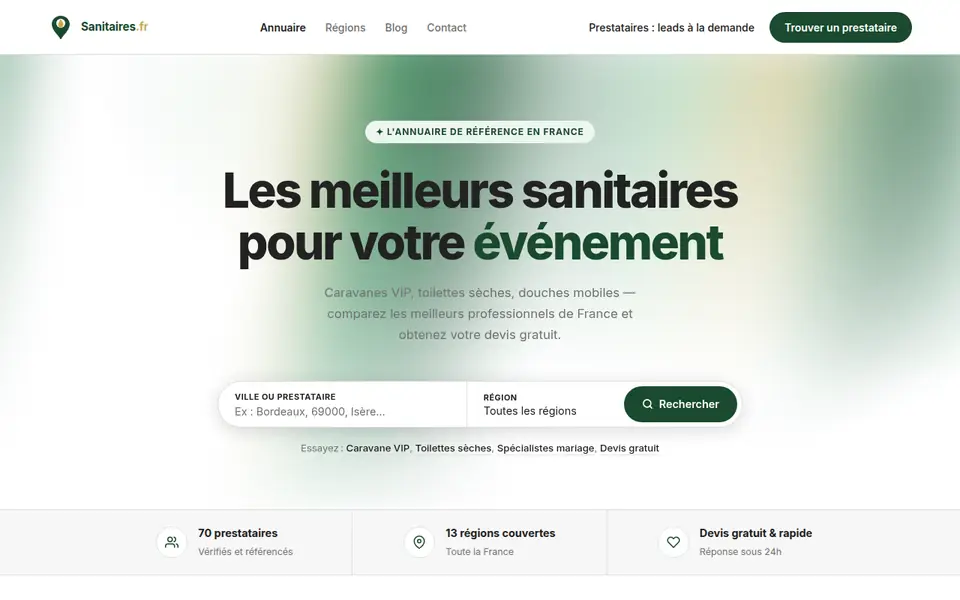 Page d'accueil de Sanitaires Événement